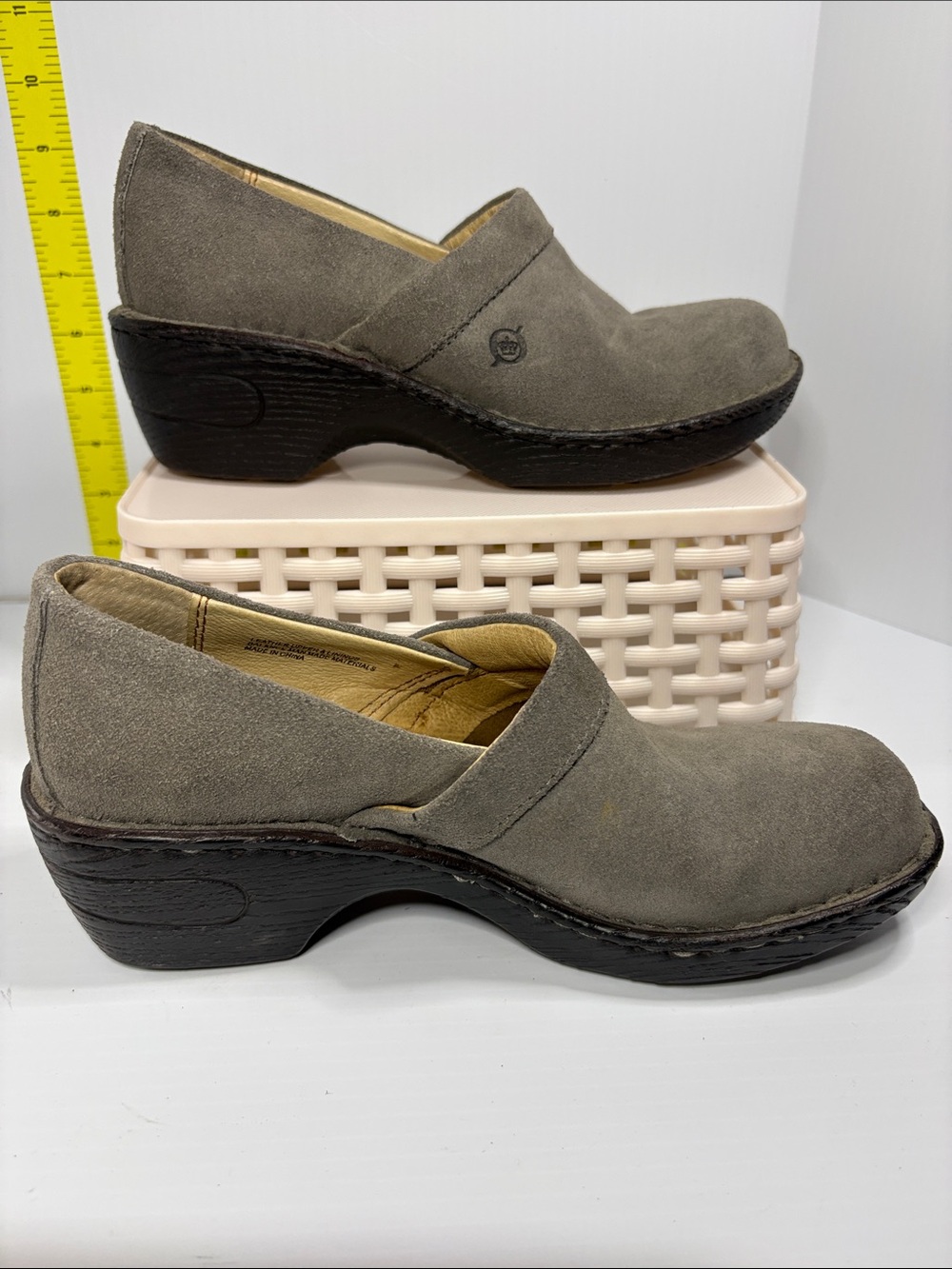 Born Grey Suede Clog Mules with Black Outsoles. Box 25